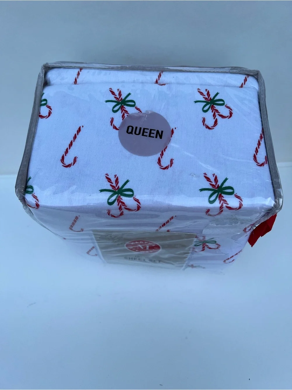 Martha Stewart Candy Cane Print Flannel Sheet Set - White, Red, Green